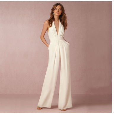 Sleeveless halter jumpsuit.