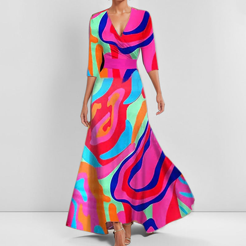 Robe Col V Imprimée Taille Haute