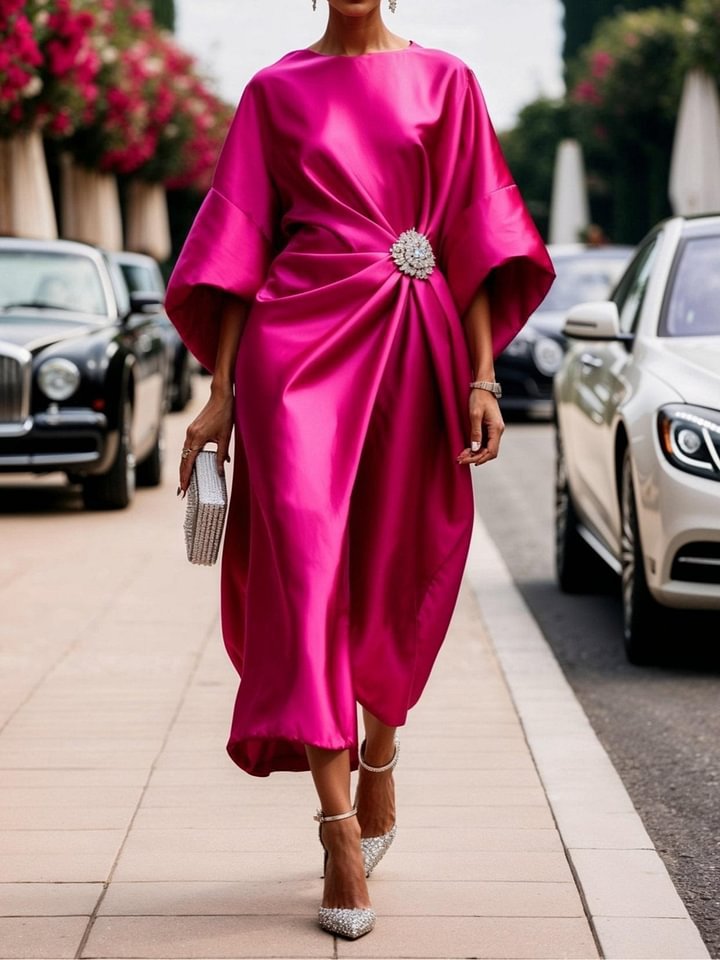 Robe Longue Satin Élégante Taille Haute Fleur Perle