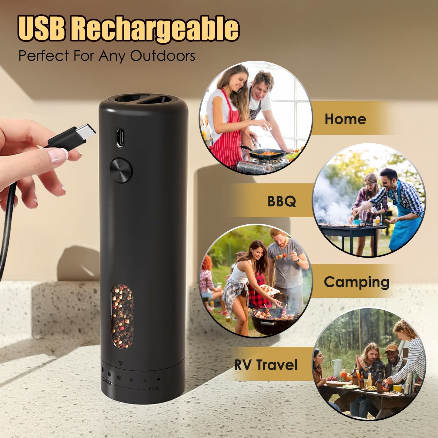 1Pc  Electric Pepper Grinder USB Rechargeable Pepper Mill Automatic Salt Grinder With 6 Adjustable Coarseness LED Light 110ML Container One Hand Operation For Kitchen Essential.