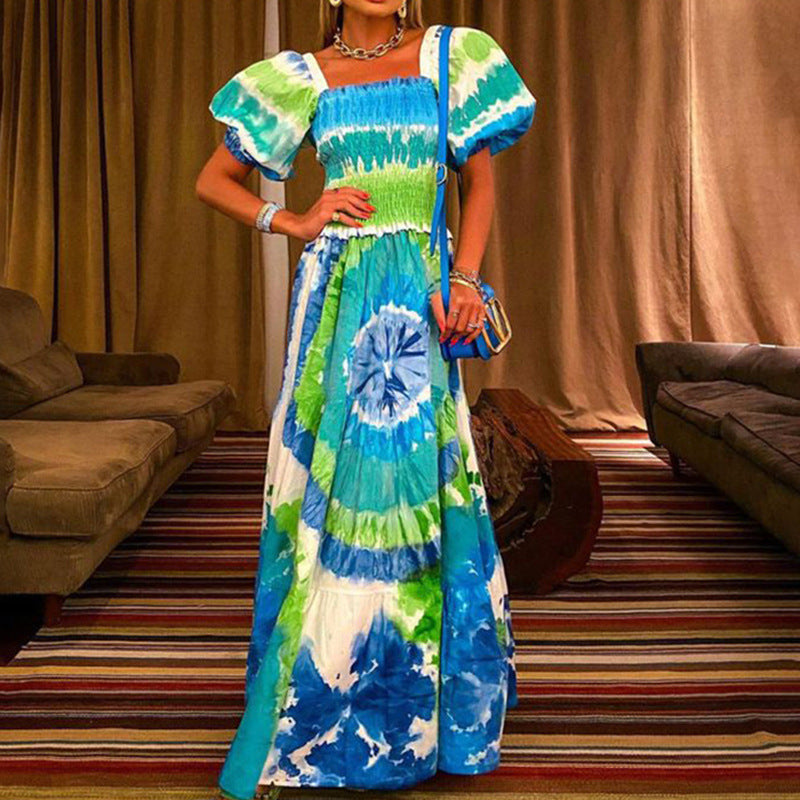Robe Longue Imprimée Manches Bouffantes Sexy Fashion Femme