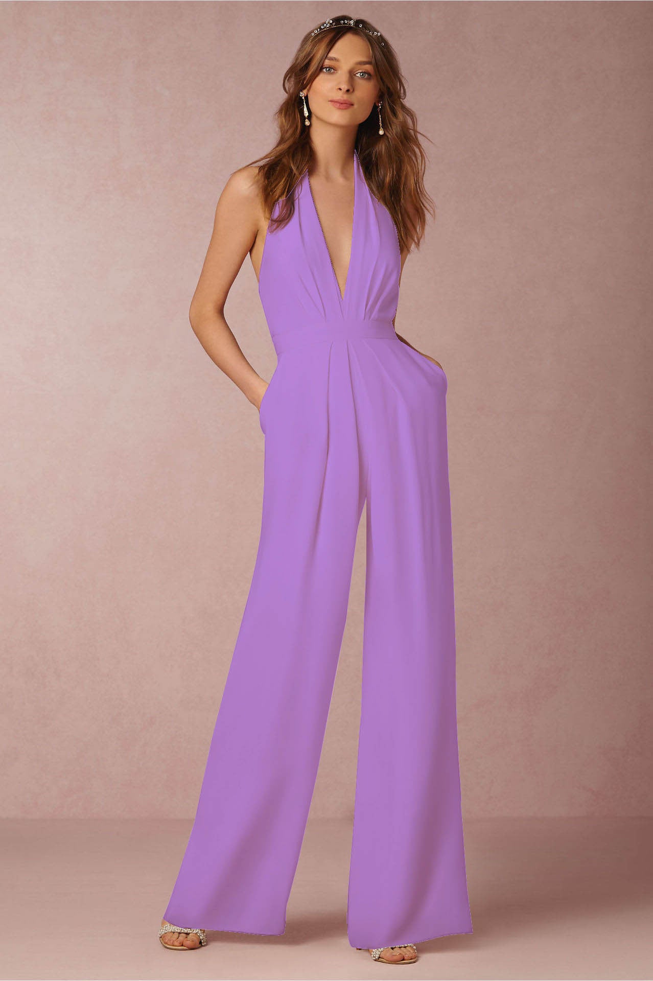 Sleeveless halter jumpsuit.