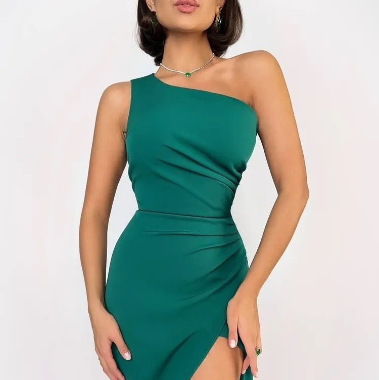 Robe Satin Slim Épaule Fendue - Élégante Sexy Femme