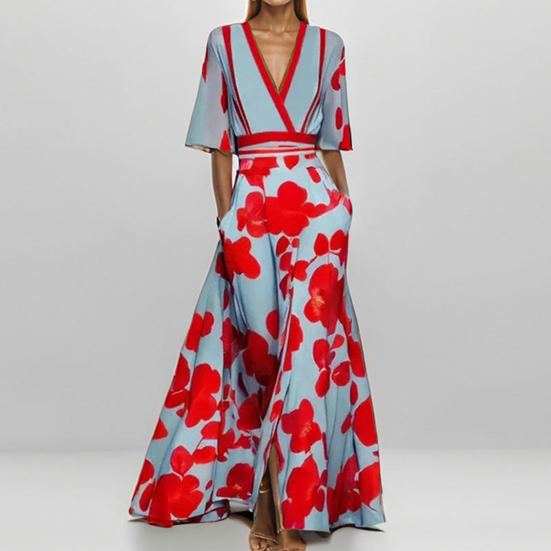 Robe Col V Imprimée Taille Haute