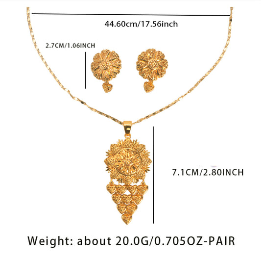 Bride's 24k Gold-plated Copper Necklace And Earrings Jewelry Set Two-piece