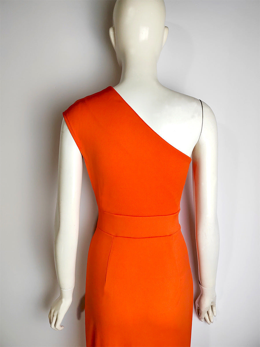 Women's One-shoulder High Waist Front Slit Temperament Dress.
