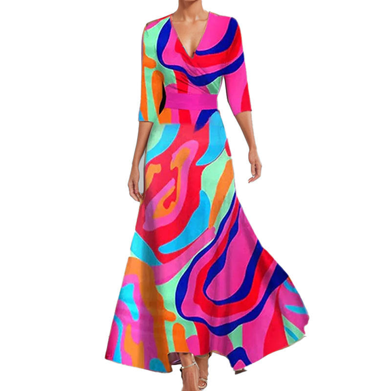 Fashion Print Half-sleeve V-neck Dress Temperament Slim Tight Waist Dresses For Women.