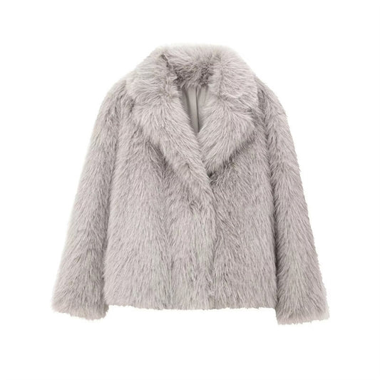 Women's Solid Color Fashionable Temperament Lapel Faux Fur Jacket