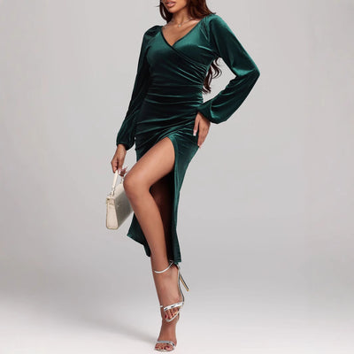 Robe Velours Col V Plissée - Élégante avec Fente