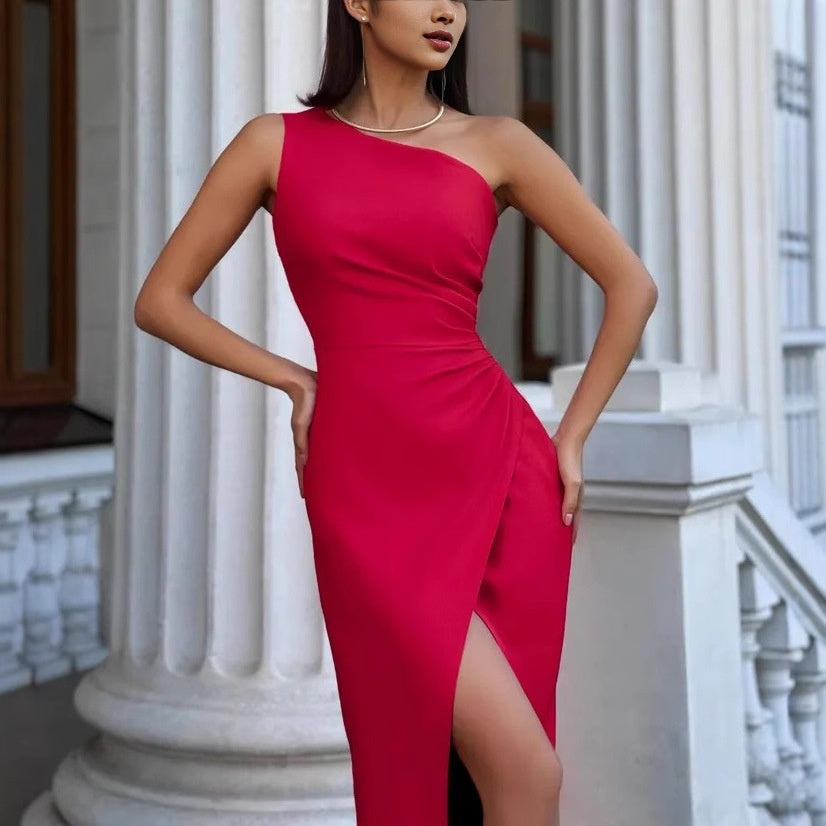 Robe Satin Slim Épaule Fendue - Élégante Sexy Femme