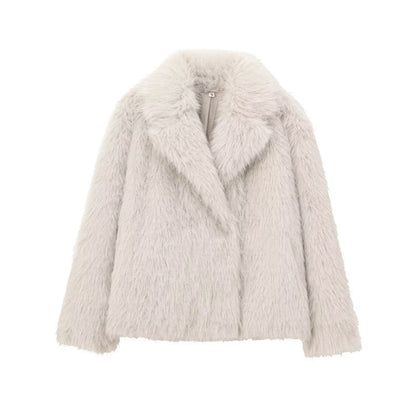Women's Solid Color Fashionable Temperament Lapel Faux Fur Jacket