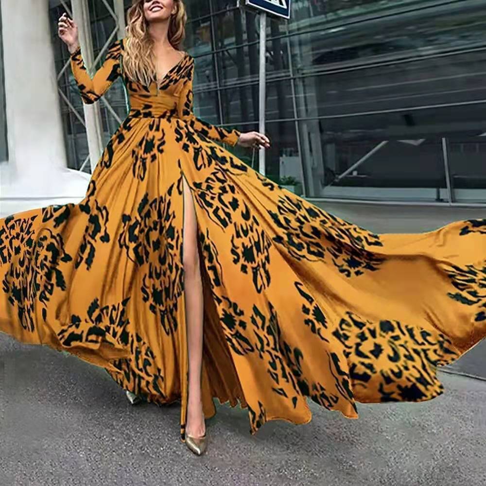 Robe Léopard Col V Profond Fendue Slim Sexy Femme