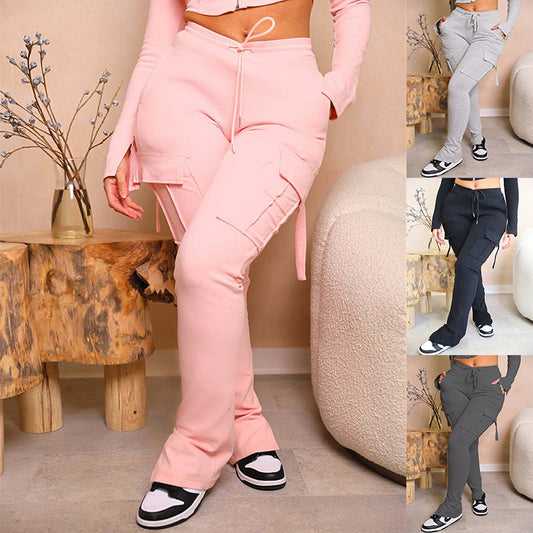 Pantalon Cargo Femme Taille Haute Poches Multiples Jambes Larges