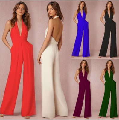Sleeveless halter jumpsuit.