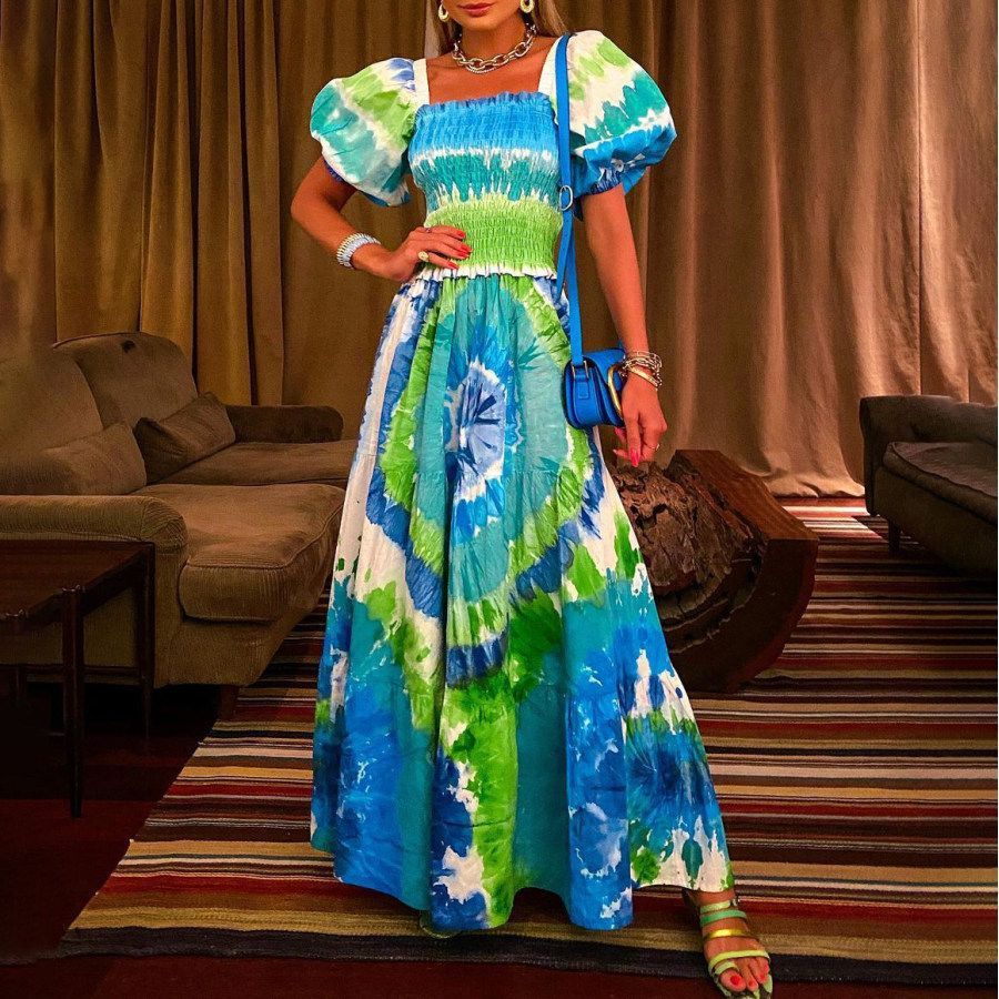 Robe Longue Imprimée Manches Bouffantes Sexy Fashion Femme