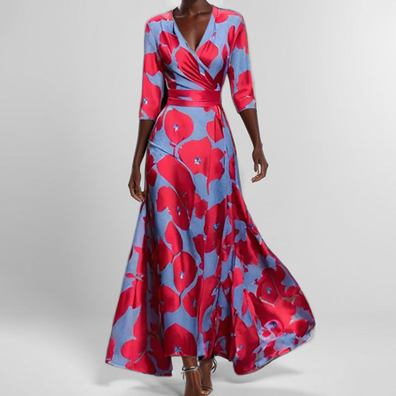 Robe Col V Imprimée Taille Haute