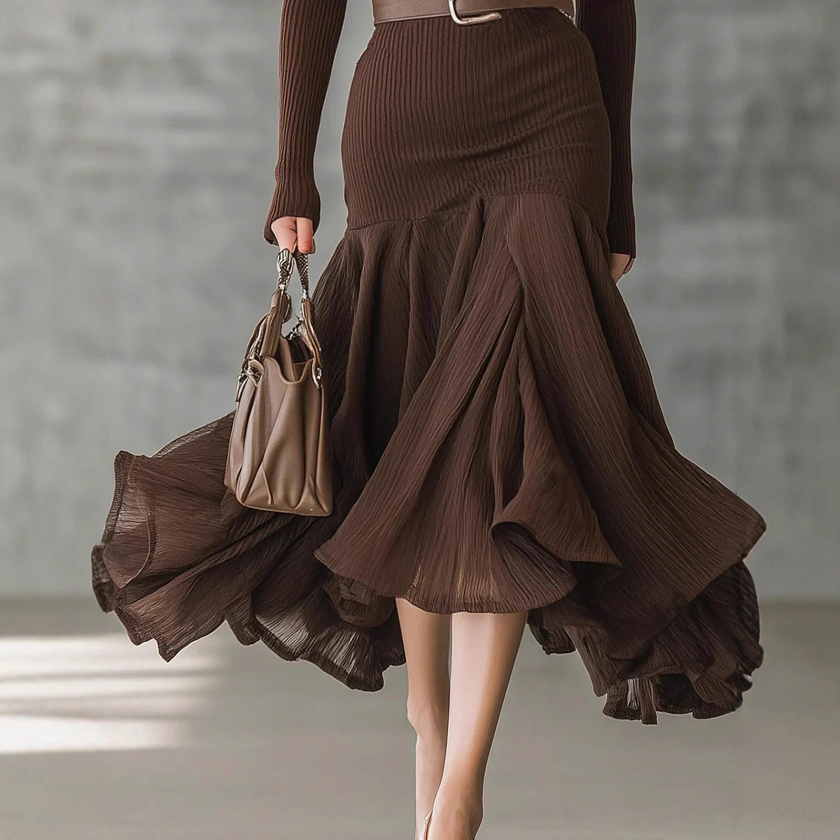 Stitching V-neck Long-sleeve Dress Long Skirt Large Swing Skirt