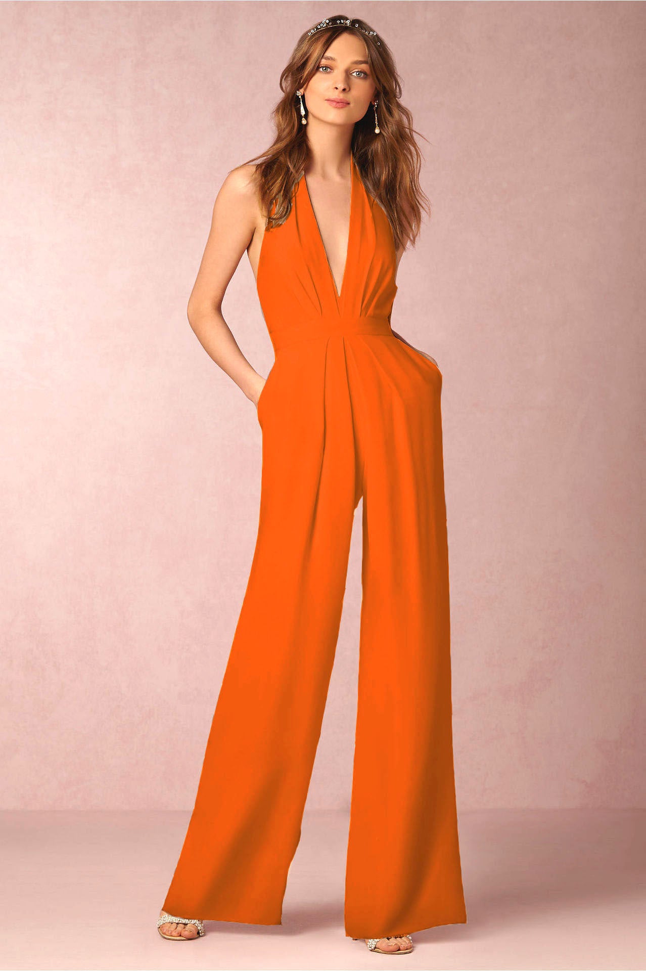 Sleeveless halter jumpsuit.