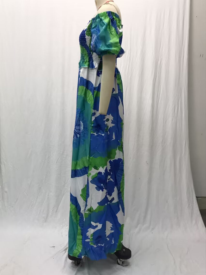 Robe Longue Imprimée Manches Bouffantes Sexy Fashion Femme