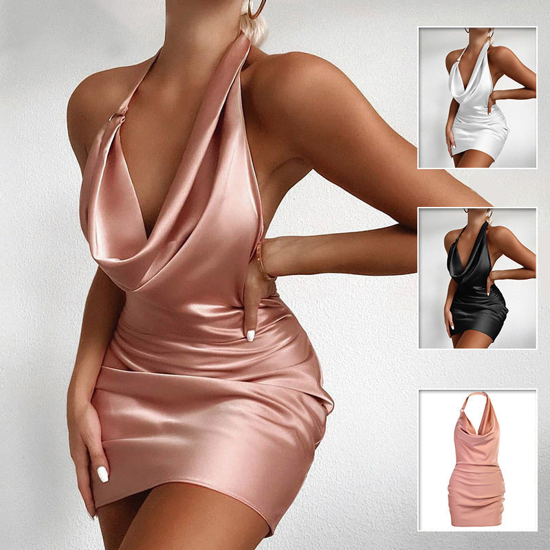 Robe Satin Mini Dos Nu Col V Sans Manches Soirée Été