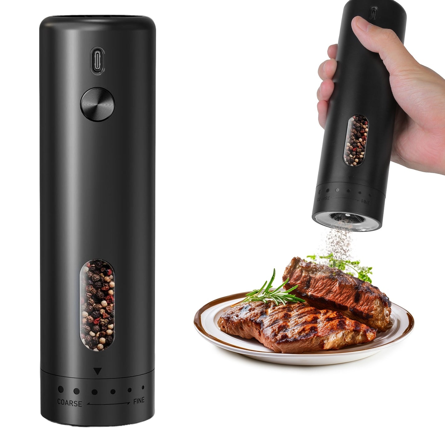 1Pc  Electric Pepper Grinder USB Rechargeable Pepper Mill Automatic Salt Grinder With 6 Adjustable Coarseness LED Light 110ML Container One Hand Operation For Kitchen Essential.