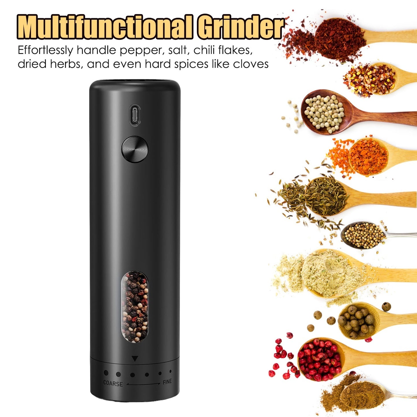 1Pc  Electric Pepper Grinder USB Rechargeable Pepper Mill Automatic Salt Grinder With 6 Adjustable Coarseness LED Light 110ML Container One Hand Operation For Kitchen Essential.