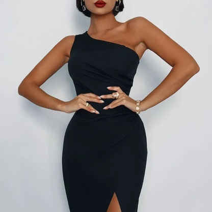 Robe Satin Slim Épaule Fendue - Élégante Sexy Femme