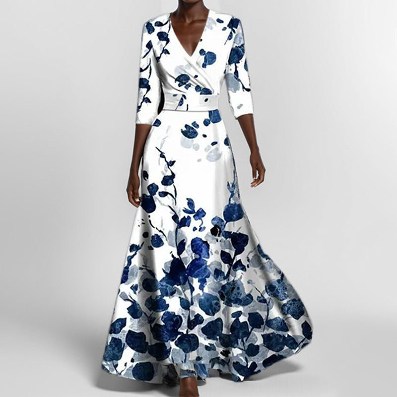 Robe Col V Imprimée Taille Haute