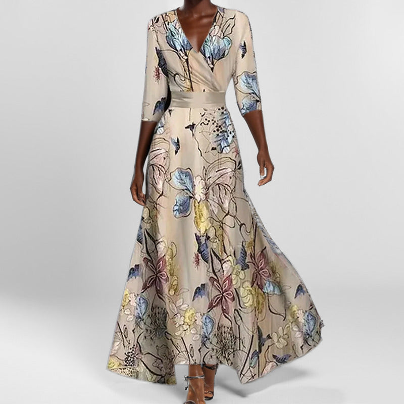 Robe Col V Imprimée Taille Haute