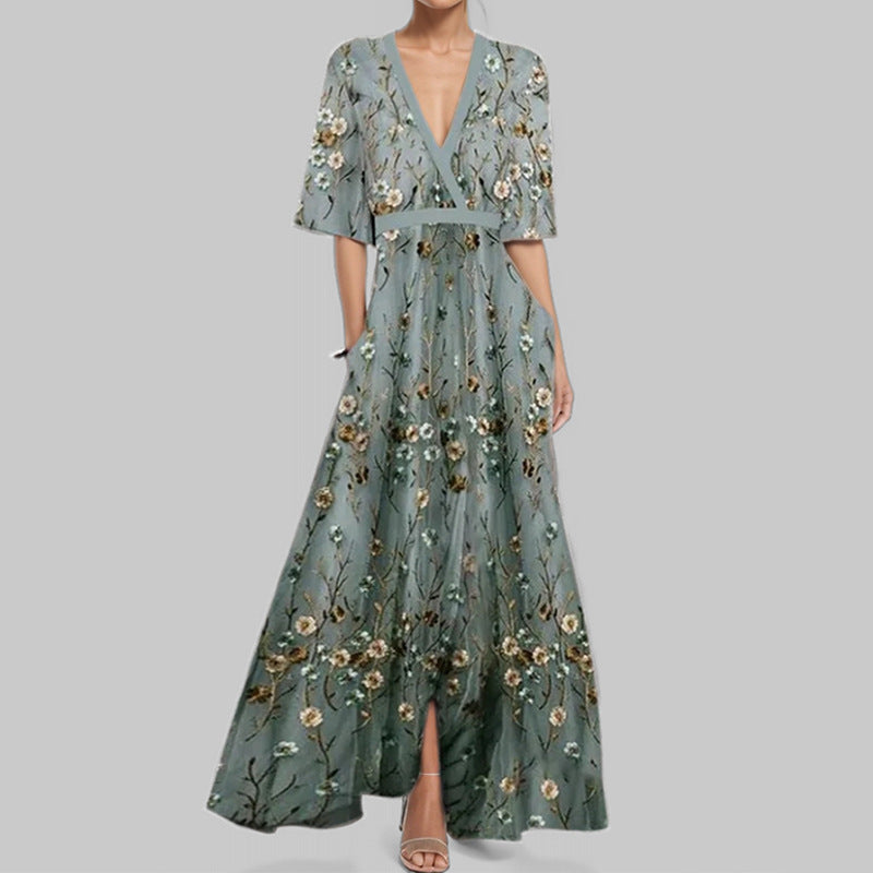 Robe Col V Imprimée Taille Haute