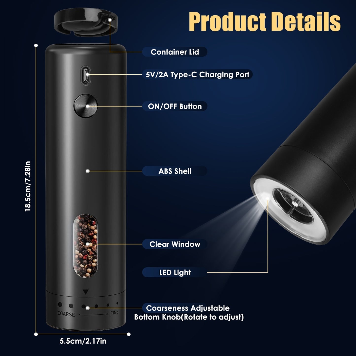 1Pc  Electric Pepper Grinder USB Rechargeable Pepper Mill Automatic Salt Grinder With 6 Adjustable Coarseness LED Light 110ML Container One Hand Operation For Kitchen Essential.
