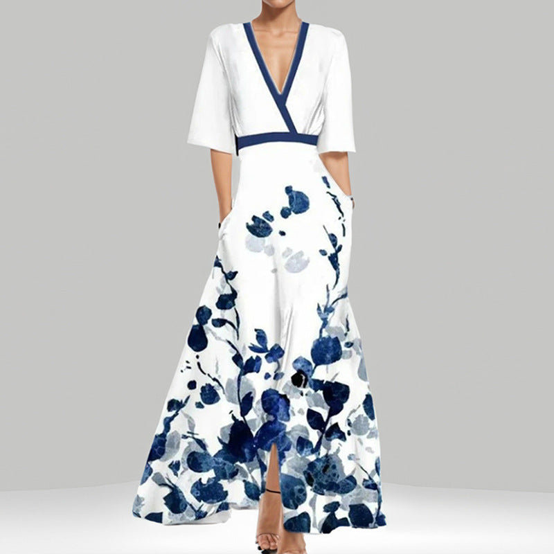 Robe Col V Imprimée Taille Haute