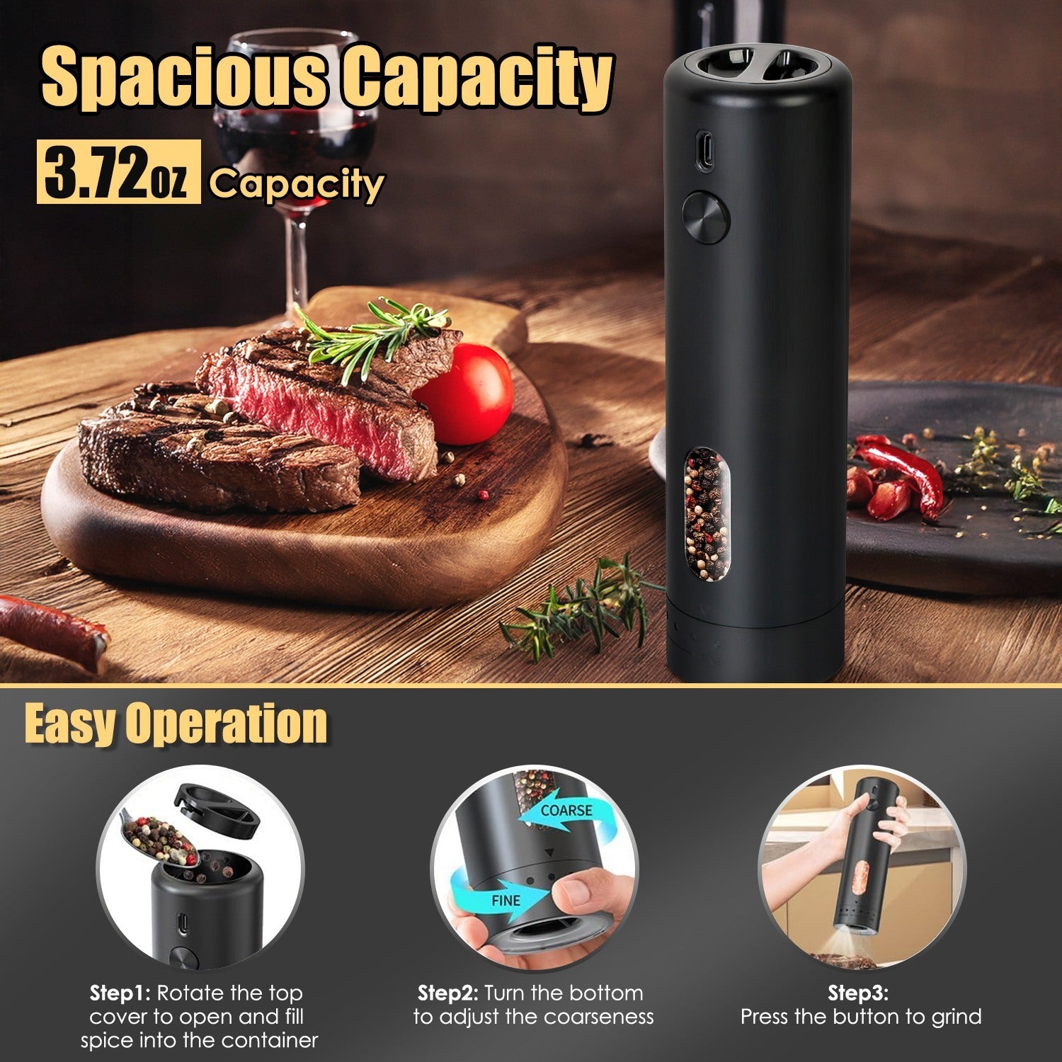 1Pc  Electric Pepper Grinder USB Rechargeable Pepper Mill Automatic Salt Grinder With 6 Adjustable Coarseness LED Light 110ML Container One Hand Operation For Kitchen Essential.