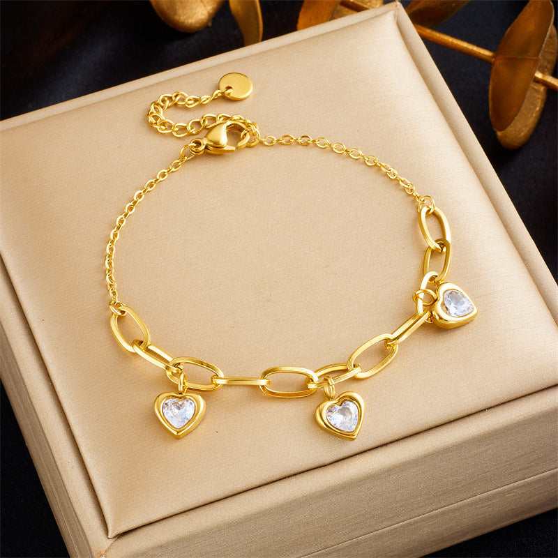 Vintage Gold Plated Love Pendant Titanium Steel Chain Bracelet