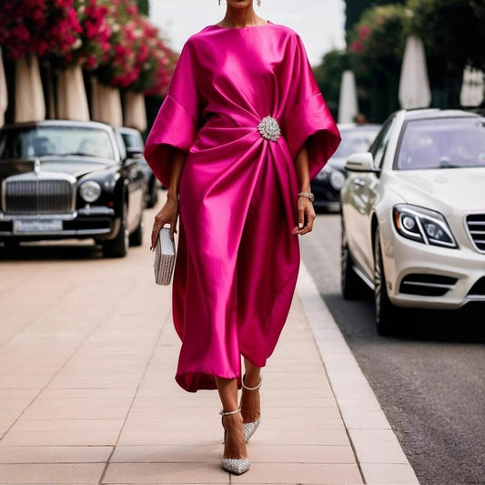 Robe Longue Satin Élégante Taille Haute Fleur Perle