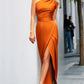 Women's One-shoulder High Waist Front Slit Temperament Dress.