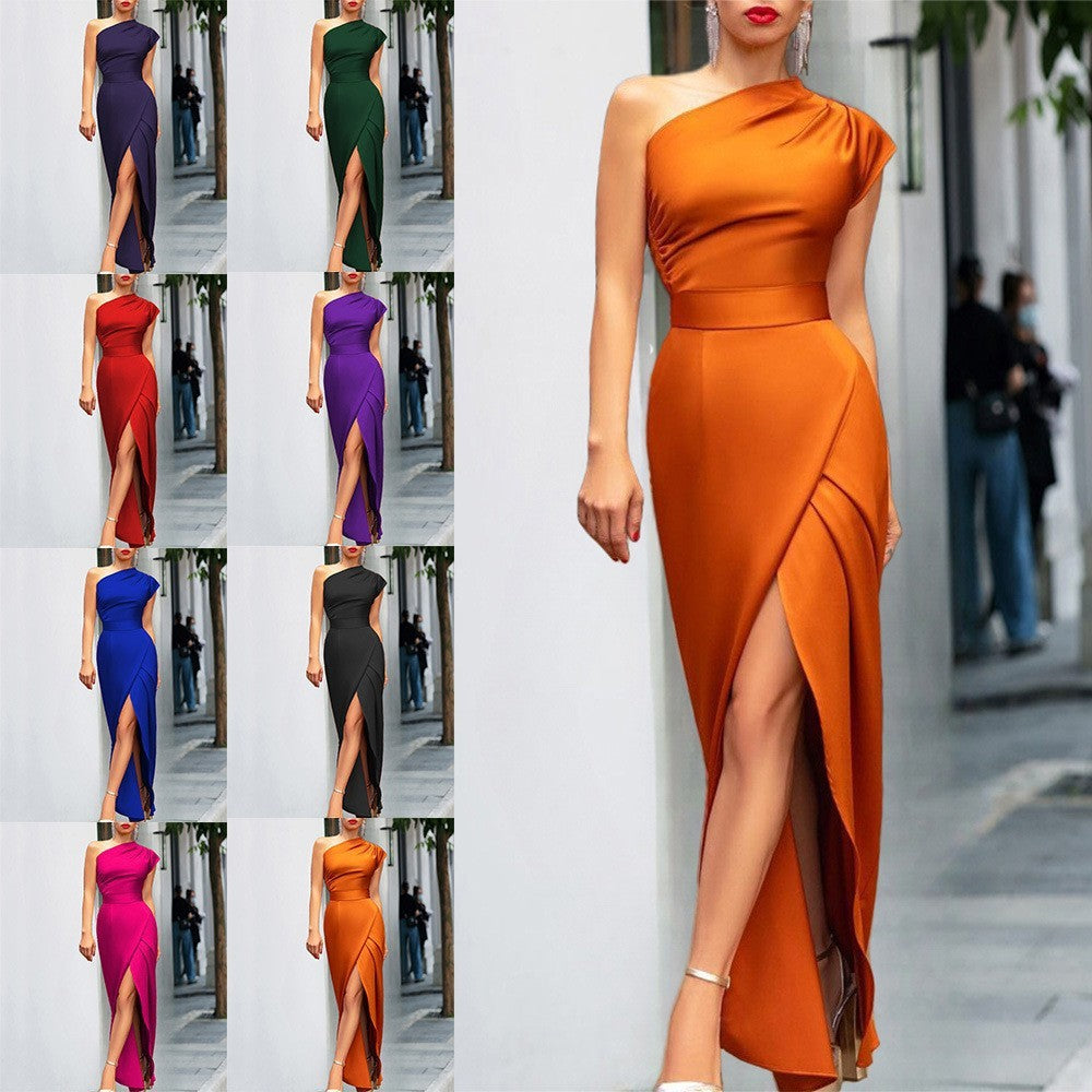 Women's One-shoulder High Waist Front Slit Temperament Dress.