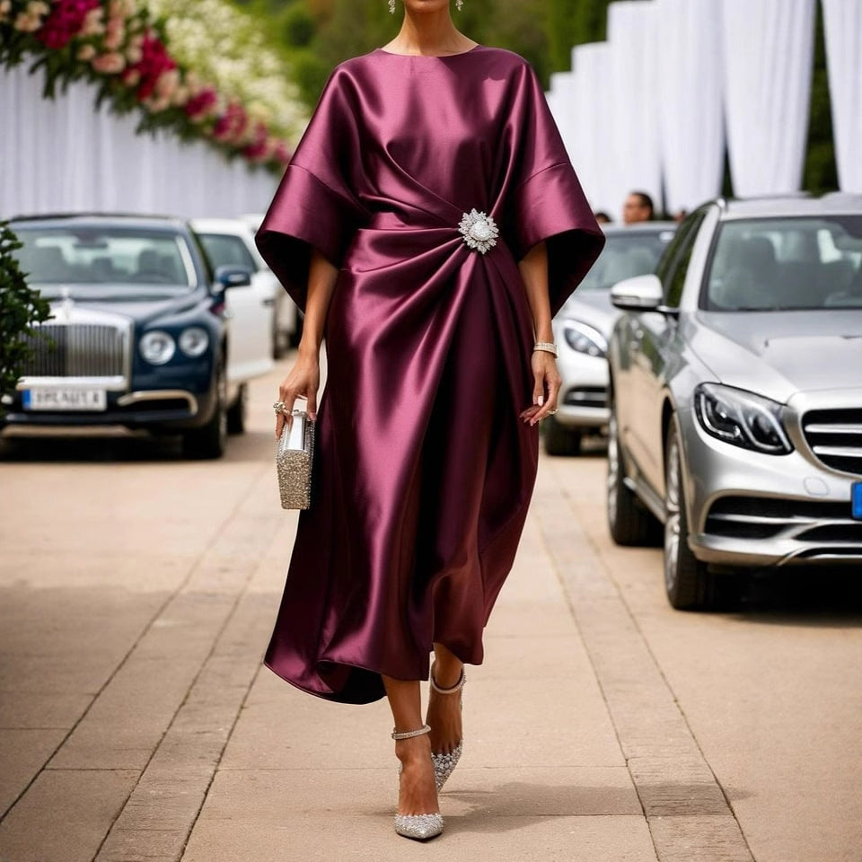 Robe Longue Satin Élégante Taille Haute Fleur Perle