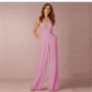 Sleeveless halter jumpsuit.