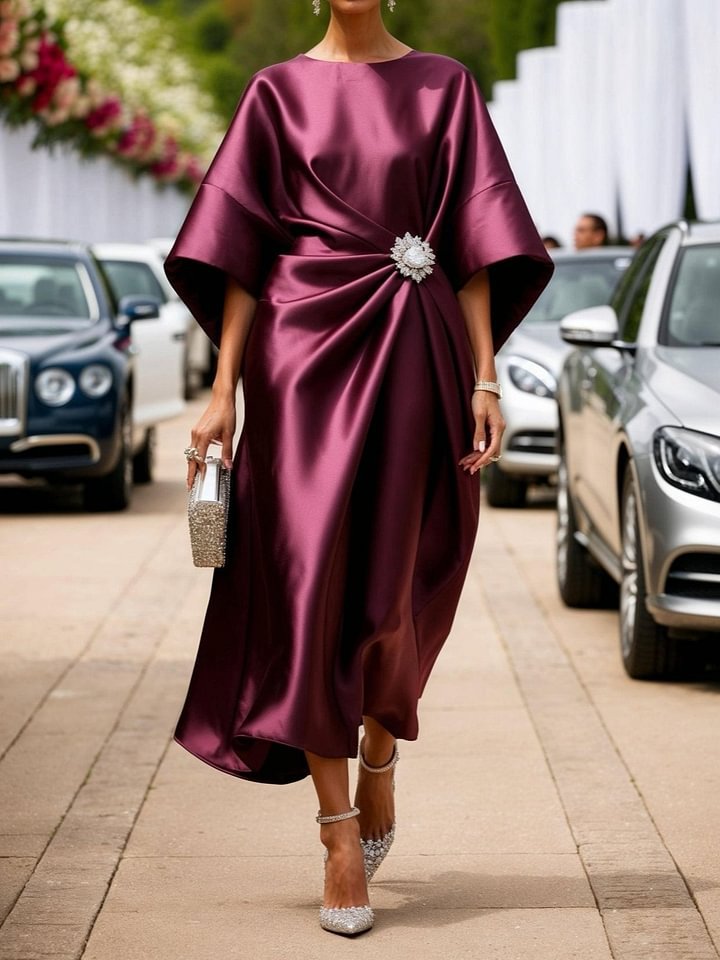 Robe Longue Satin Élégante Taille Haute Fleur Perle