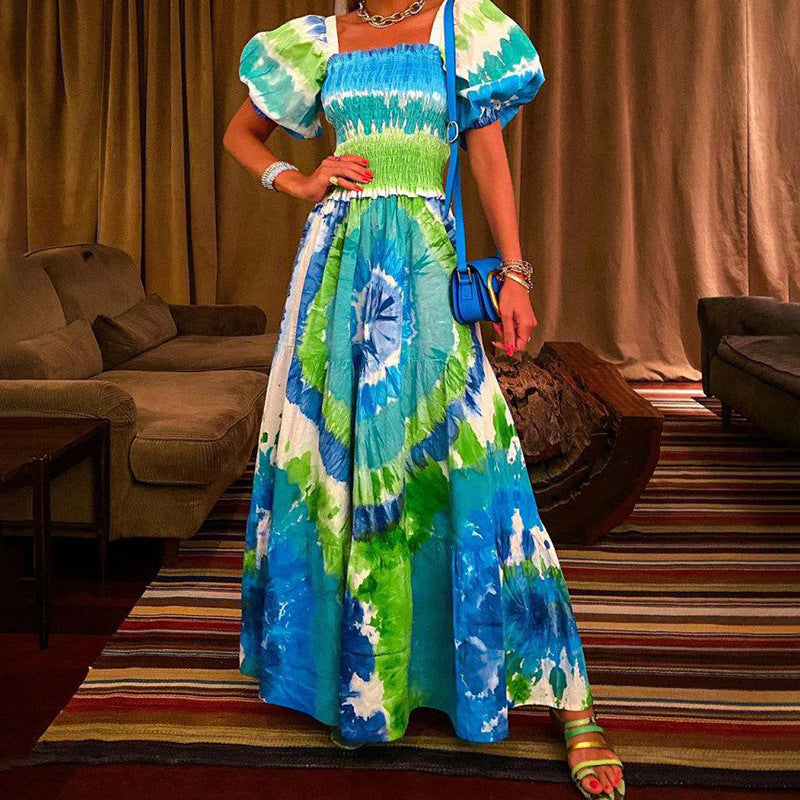 Robe Longue Imprimée Manches Bouffantes Sexy Fashion Femme
