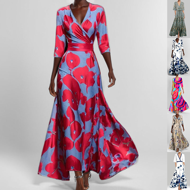 Fashion Print Half-sleeve V-neck Dress Temperament Slim Tight Waist Dresses For Women.