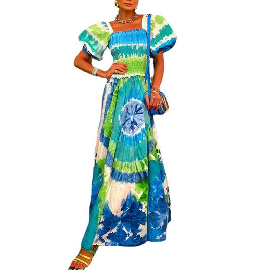 Robe Longue Imprimée Manches Bouffantes Sexy Fashion Femme