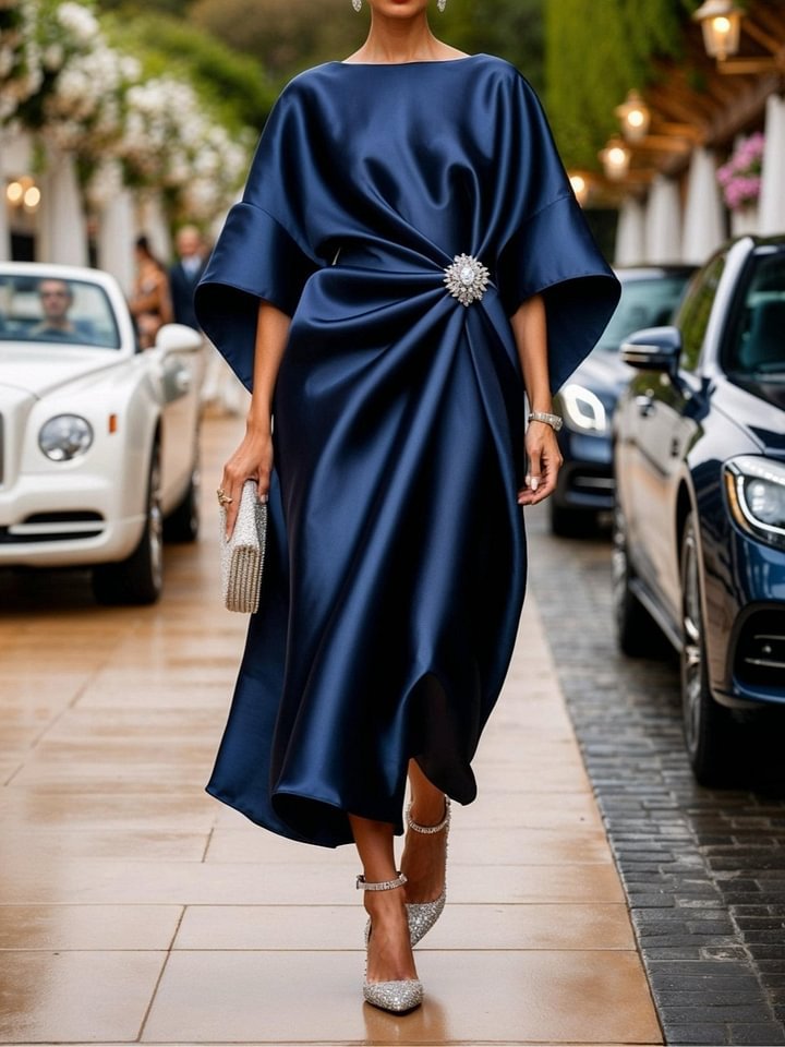 Robe Longue Satin Élégante Taille Haute Fleur Perle