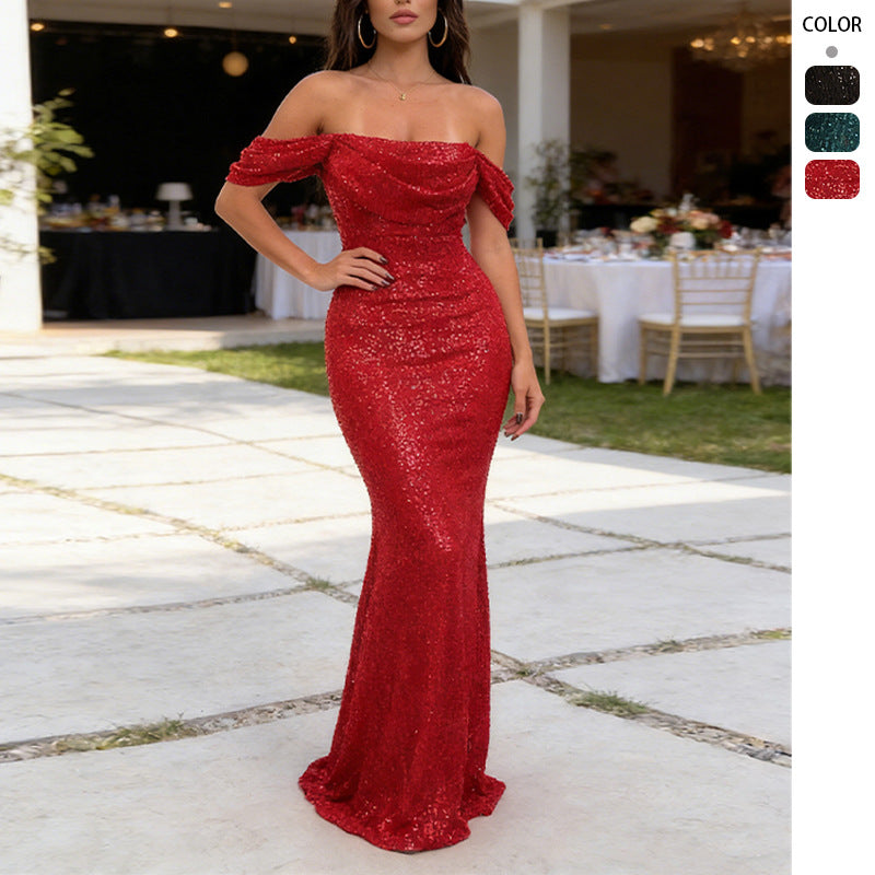 Robe Longue Sequins Épaules Nues Fendue Soirée